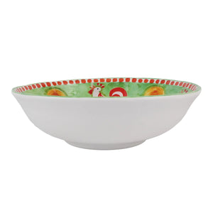 The VIETRI - MELAMINE CAMPAGNA LARGE SERVING BOWL is a durable serving piece that boasts an intricately painted interior. The inner design features a vibrant orange background adorned with colorful flowers and a blue and white bird. A dotted blue pattern graces the rim, making this bowl as functional as it is beautiful.