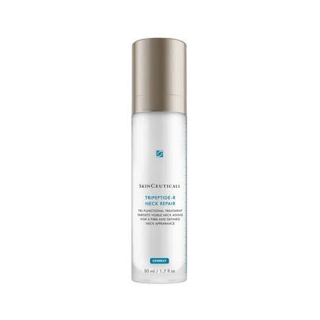 The SKINCEUTICALS TRIPEPTIDE-R NECK REPAIR comes in a 50ml (1.7 fl. oz) white and silver bottle equipped with a convenient pump dispenser. This retinol neck firming treatment from SkinCeuticals is designed to target visible neck aging and serves as a daily tightening cream, as highlighted on the product label.