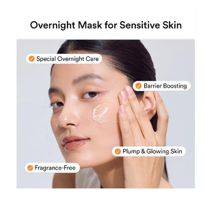A white jar labeled "ABIB - RICE PROBIOTICS OVERNIGHT MASK BARRIER JELLY 80ML" from ASIAN BEAUTY WHOLESALE, shown on a plain white background; this hydrating sleep mask provides overnight moisture and probiotics for your skin.