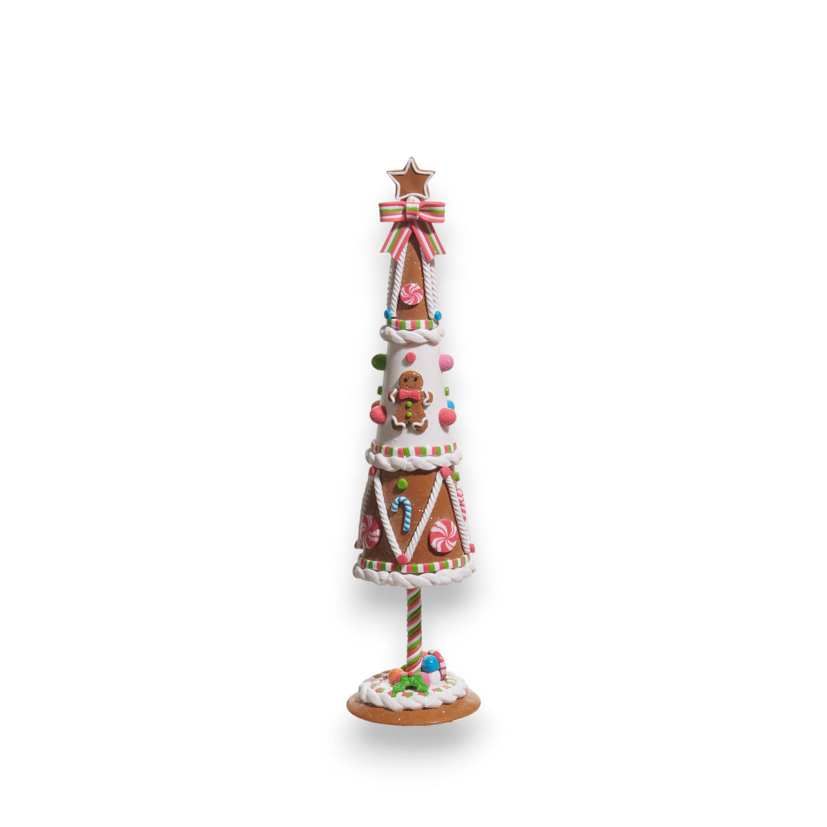 The GINGERBREAD TREE by RAZ IMPORTS is a tall, cone-shaped Christmas treat (4.5&quot; diameter), decorated with icing, candy, a gingerbread figure, topped with a star and set on a round base adorned with more candy and frosting accents.