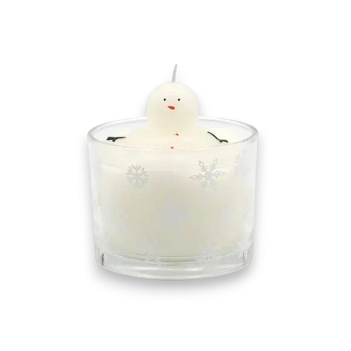 The CREATIVE COOP MELTING SNOWMAN CANDLE is a white holiday candle in a glass holder with snowflakes and a small snowman figure on top, set against a light, textured backdrop—perfect for festive winter decor.