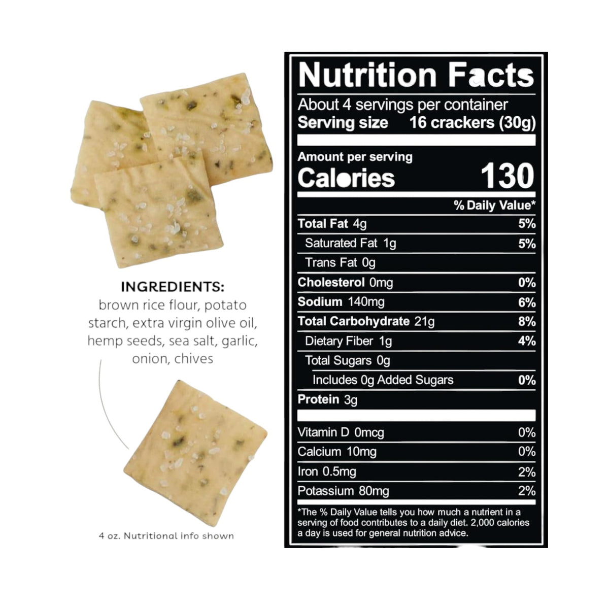 A bag of EVERY BODY EAT CHIVE & GARLIC SNACK THINS from EVERY BODY EAT is pictured alongside gluten-free crackers, garlic cloves, and chives. The black packaging features images of crackers and garlic bulbs at the top, a list of ingredients, and highlights these allergy-friendly snacks.