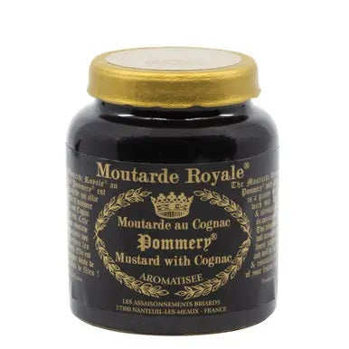 A black jar with a gold lid labeled “POMMERY COGNAC MUSTARD 3.5OZ” from THE FRENCH FARM, featuring elegant gold text and a crown logo on the front—this gourmet mustard is ideal for pairing with smoked meats or enhancing your favorite dishes with its rich cognac-infused flavor.