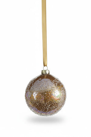 Three 4-inch GOLDEN SUGAR BEAD GLASS BALL ORNAMENTs covered in small, sparkling beads.