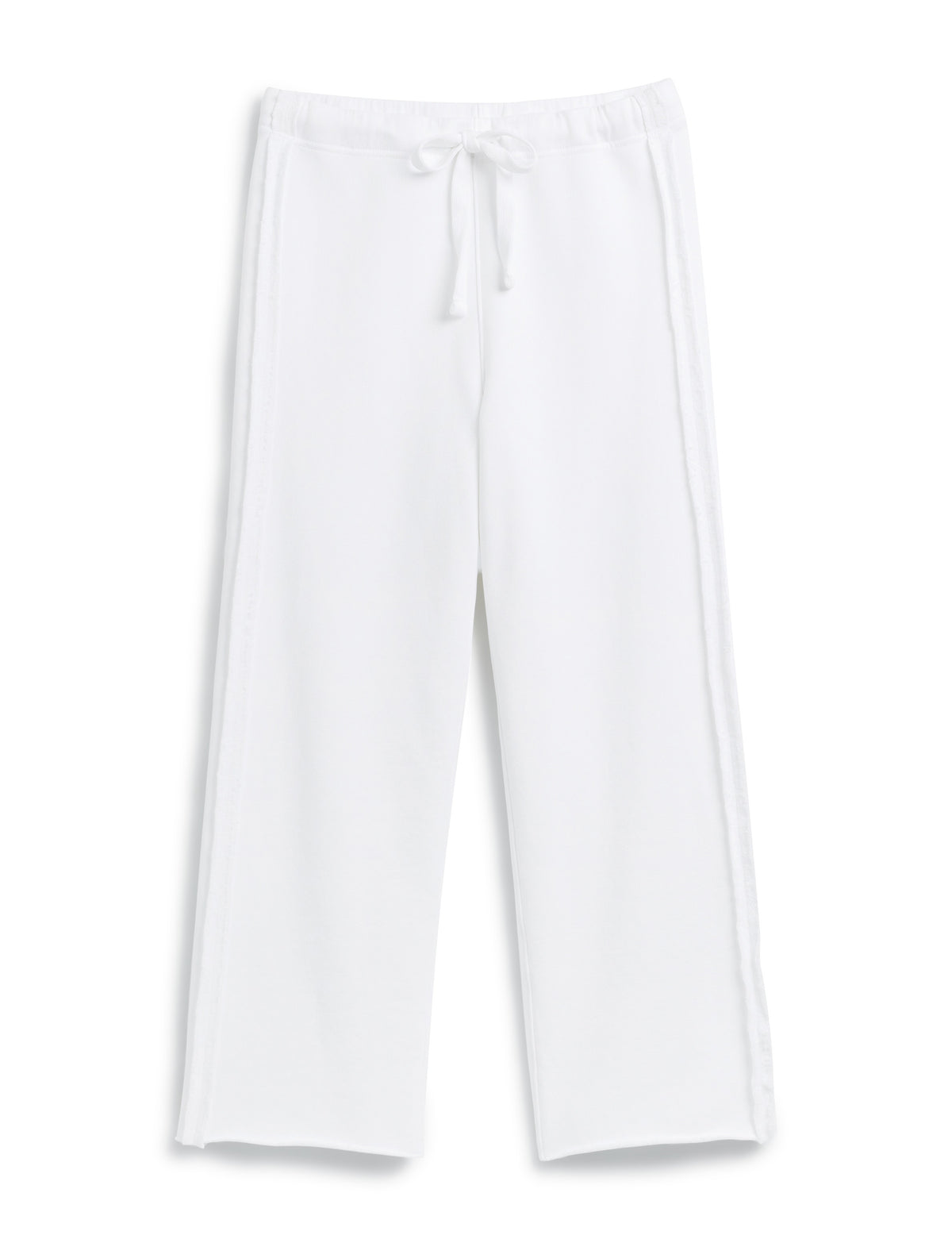 The FRANK &amp; EILEEN BELLA ITALIAN SWEATPANT is a light beige, wide-leg knit pant with a drawstring waist and subtle side trim, shown flat on a white background.