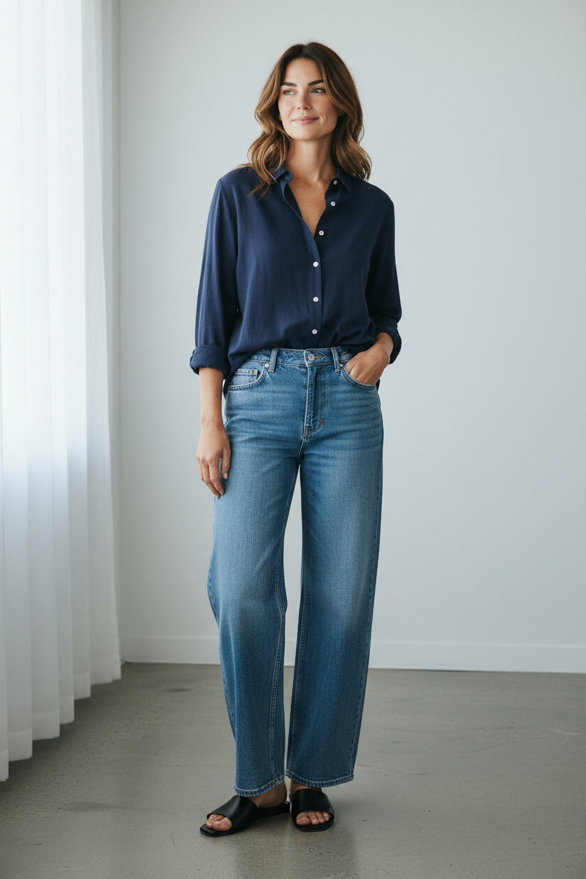 Someone stands against a neutral background wearing the MERSEA KATE WIDE LEG DENIM—light blue, high-waisted jeans made from recycled cotton—paired with a navy top, gray cardigan, and tan platform sandals.