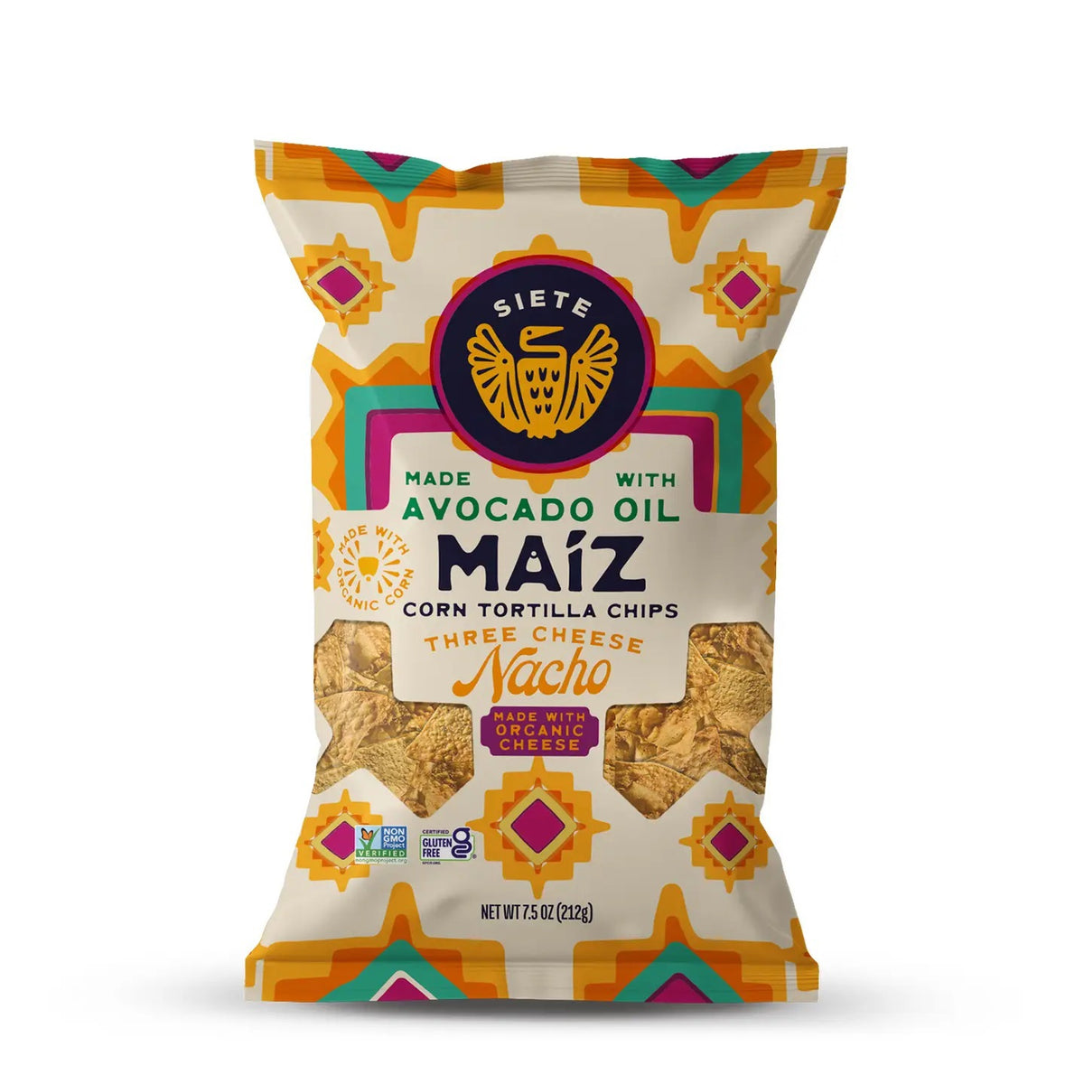 A bag of SIETE FOODS SIETE-MAIZ THREE CHEESE NACHO TORTILLA CHIPS, made with avocado oil and adorned with colorful geometric patterns and a central bird logo.