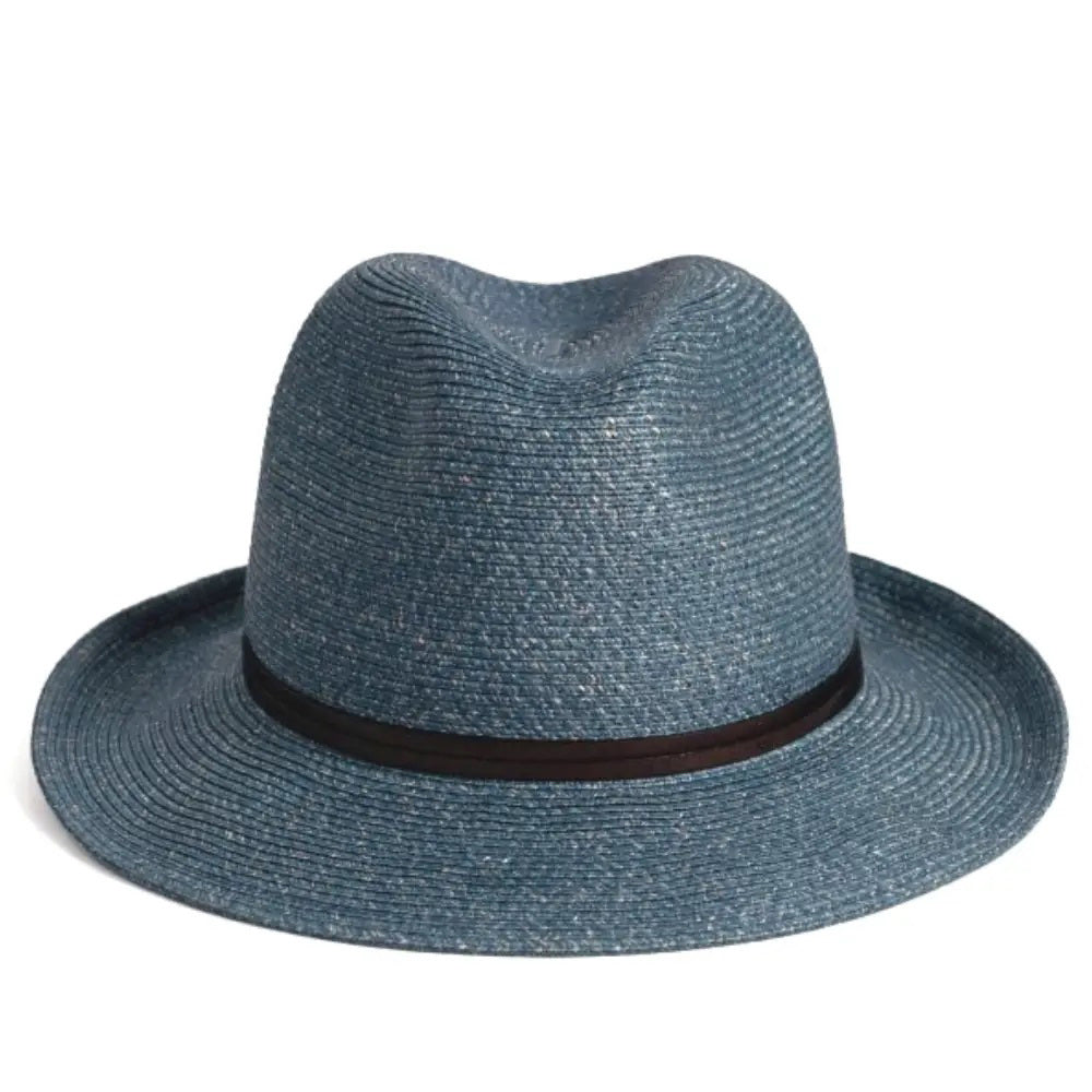 The charming LEATHER TIE PAPER HAT by TRAVAUX EN COURS is a pink, lightweight, woven pattern fedora featuring a wide brim and black band on the crown, set against a plain white background.