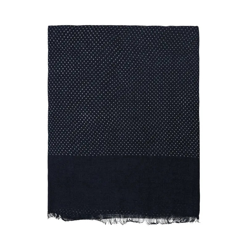 The AMANDA CHRISTENSEN Jacquard Woven Linen Scarf in Navy is a rectangular men’s accessory crafted from linen, designed with small white polka dots across most of the dark blue fabric and complemented by a plain solid section at the bottom. Jacquard weaving adds subtle texture, while slightly frayed edges give it a relaxed yet refined finish.