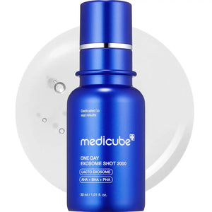 A blue bottle of GLOWISS MEDICUBE ZERO EXOSOME SHOT 2000 PPM SPICULE FACIAL SERUM dispenses white cream. The label highlights patented exosomes, spicules, and an Exosome booster for intensive at-home skincare absorption. Inset: close-up of exosomes and spicules.