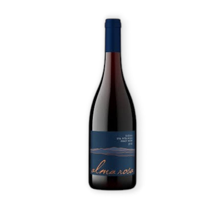 The ALMA ROSA 'Rancho La Vina' Pinot Noir 2019 from Wine: Orsini features a dark blue label, navy cap, and "alma rosa" in orange script. It showcases the Sta. Rita Hills with roasted black cherry notes from a single vineyard.