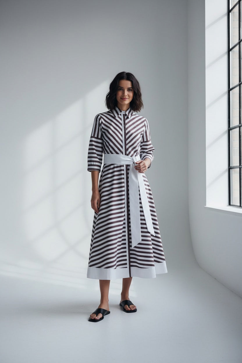 A blurry image shows the MILVA MI Cotton Poplin Dress by MILVA, featuring biscotto tan and white stripes in three horizontal bands—white at the top and bottom, and a wide tan band in the center.