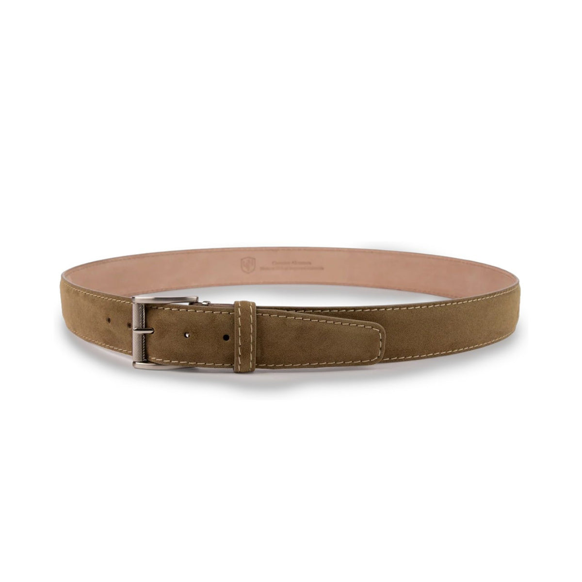 The LEN LIFESTYLE Alcantara Belt in Macchiato with beige stitching features a soft, smooth texture, classic silver buckle, and timeless design—an ideal luxury accessory for those who value style and elegance.