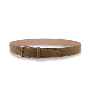 The LEN LIFESTYLE Alcantara Belt in Macchiato with beige stitching features a soft, smooth texture, classic silver buckle, and timeless design—an ideal luxury accessory for those who value style and elegance.