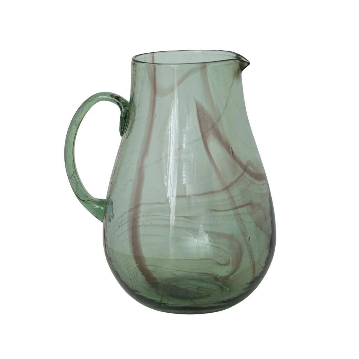 The CREATIVE COOP MARBLED GREEN AND PURPLE HAND-BLOWN RECYCLED GLASS PITCHER, featuring a curved handle and unique swirled patterns, is showcased against a plain white background.