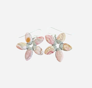 ANN LIGHTFOOT - RHODONITE FLOWER EARRINGS feature five pink and beige patterned petals with sterling silver wire wrapping, shown on a white background—ideal for fans of handmade gemstone jewelry by ANN LIGHTFOOT.
