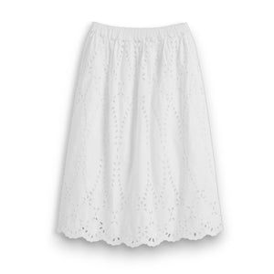The FRANK & EILEEN Grace Eyelet Skirt features a white, lightweight fabric, an elastic waistband, scalloped edges, and embroidered floral details for an airy, flattering silhouette.