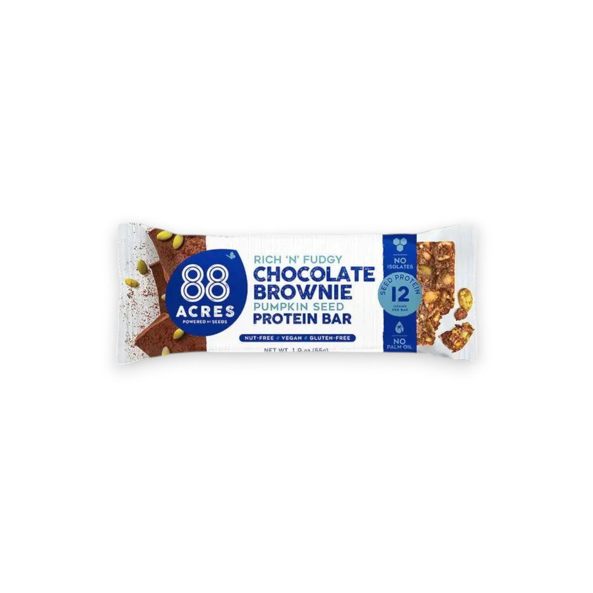 A 88 Acres Dark Chocolate Brownie High Protein Bar wrapper rests on a white wooden surface. The predominantly white and blue wrapper features the brand name &quot;88 Acres&quot; alongside the product name &quot;Rich &#39;n&#39; Fudgy Dark Chocolate Brownie Pumpkin Seed High Protein Bar.&quot; Text highlights that it is nut-free, vegan, and gluten-free.