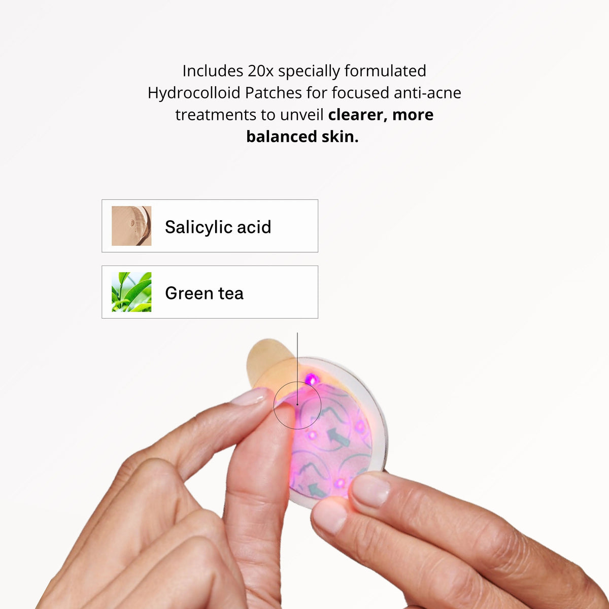 A box labeled “OMNILUX - BLEMISH ERASER HYDROCOLLOID PATCH REFILL KIT” sits beside a round OMNILUX blemish eraser device and a sheet of circular hydrocolloid patches decorated with blue smiley faces and arrows.