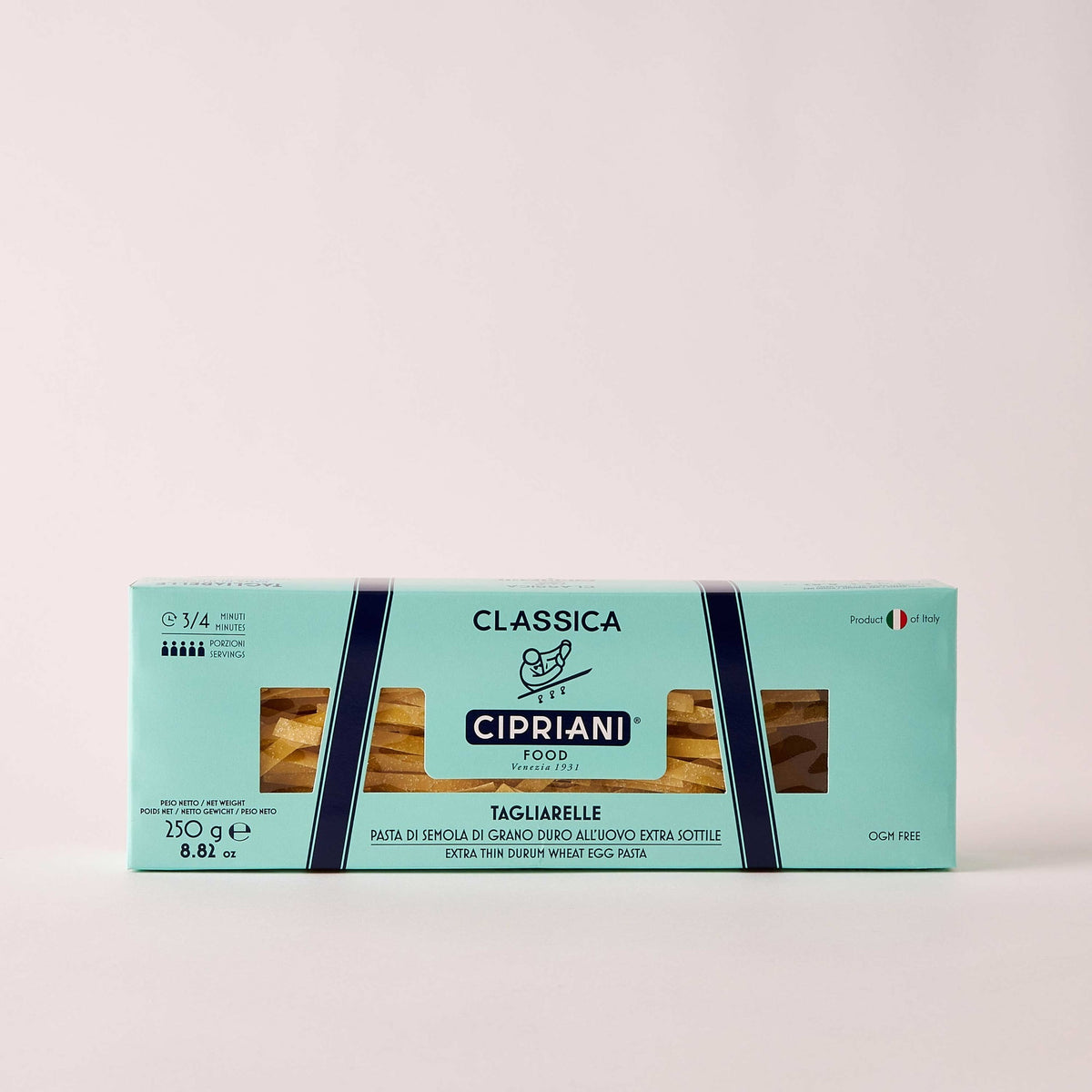 A light blue package of CIPRIANI Organic Tagliarelle Egg Pasta from Atalanta Corporation is displayed against a plain background. The packaging features the brand logo and indicates that the pasta is extra thin egg pasta made from fresh eggs and durum wheat semolina. The package weight is 250 grams (8.81 oz), and it is a product of Italy.