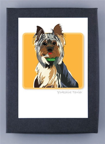 Box notes feature a Yorkshire Terrier with a green collar on a yellow-orange background. Crafted on FSC-certified recycled paper and set in a black frame, it reads 'Yorkshire Terrier.' Made in the USA by PAPER RUSSEL for quality assurance.
