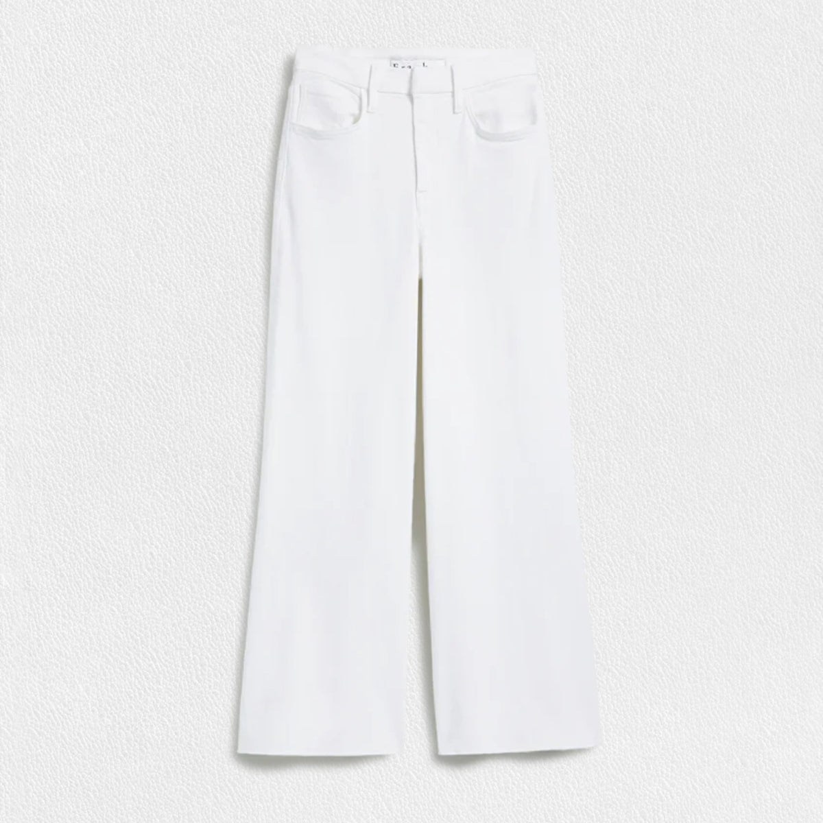 A pair of white high-waisted wide-leg Galway Gaucho jeans by FRANK &amp; EILEEN, featuring front and back pockets, belt loops, and a button and zipper closure. The FRANK AND EILEEN - GALWAY GAUCHO JEAN IN WHITE is displayed flat against a textured light background.