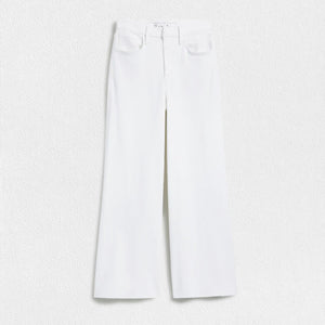 A pair of white high-waisted wide-leg Galway Gaucho jeans by FRANK & EILEEN, featuring front and back pockets, belt loops, and a button and zipper closure. The FRANK AND EILEEN - GALWAY GAUCHO JEAN IN WHITE is displayed flat against a textured light background.