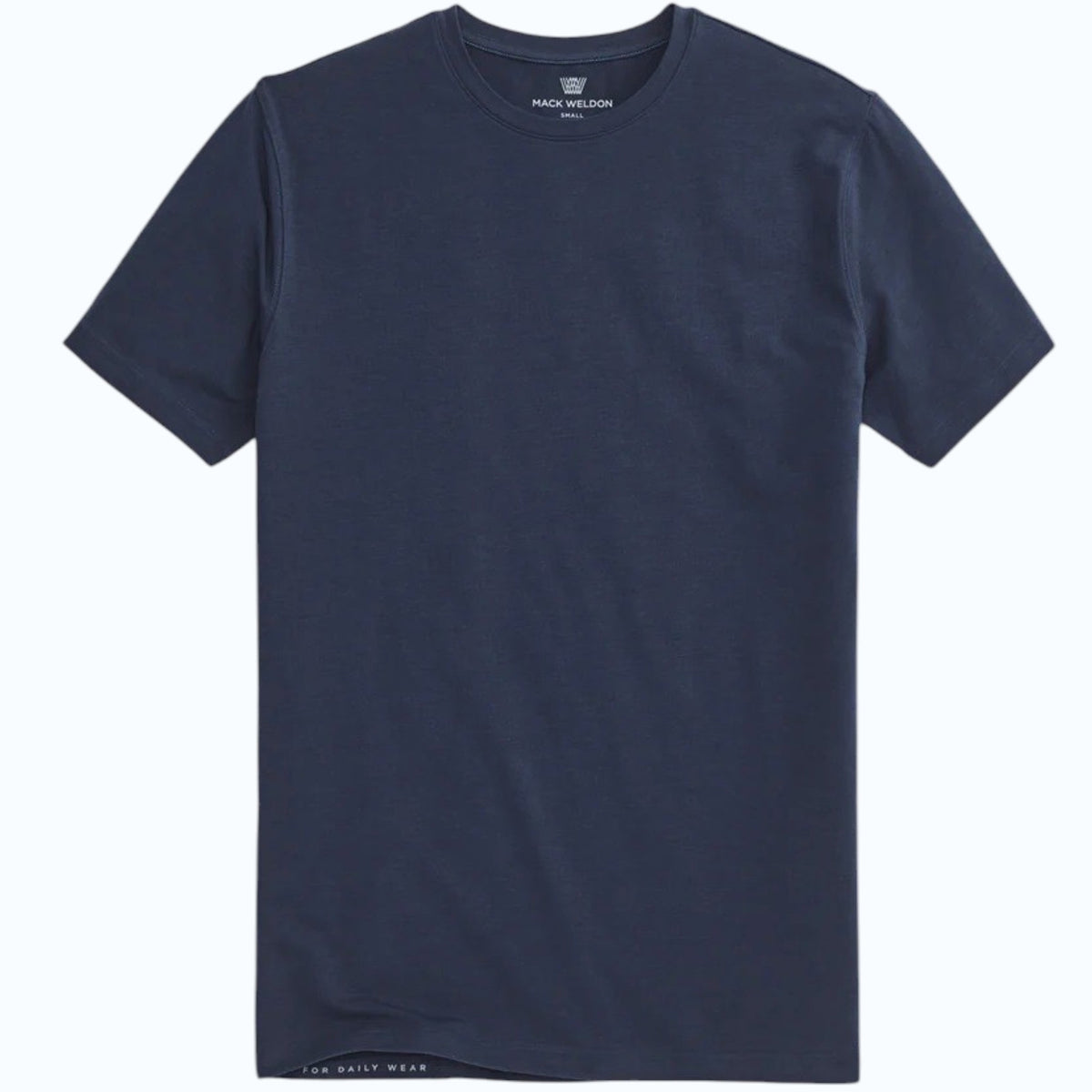 A man with short dark hair stands with his back to the camera, wearing the MACK WELDON Silver Crew Neck T-Shirt in True Navy and dark pants against a light gray background.