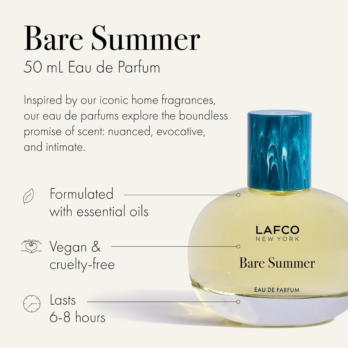 The LAFCO - FINE FRAGRANCE, BARE SUMMER 50ML perfume bottle, featuring a blue cap and displayed alongside delicate grasses, showcases its fresh and uplifting scent inspired by the sea and sand dunes. The text highlights opening, heart, and base fragrance notes that evoke the essence of summer. This vegan scent from LAFCO offers a clean, natural allure perfect for warm days.