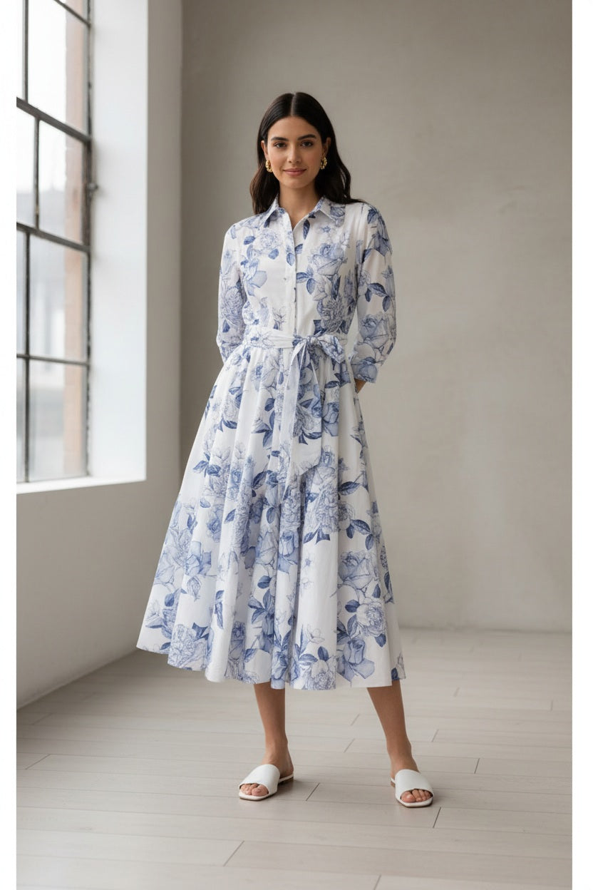 Model wearing the LAVI - SPRITZ DRESS IN BLUE FLORAL by LAVI—a white, long-sleeve, button-down midi shirt dress featuring blue botanical floral prints and a waist tie—paired with white heeled sandals and gold statement earrings, standing against a plain white background.