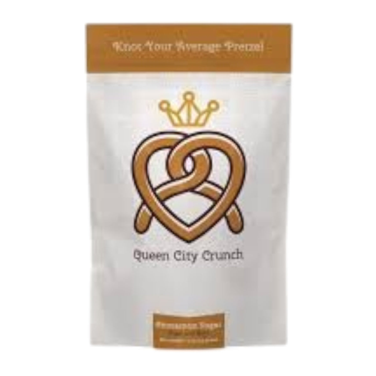 A white pouch labeled &quot;QUEEN CITY CRUNCH - CINNAMON SUGAR&quot; features a crowned pretzel and the phrase &quot;Knot Your Average Pretzel&quot; at the top, hinting at craveable sweet-and-salty cinnamon sugar snacks.