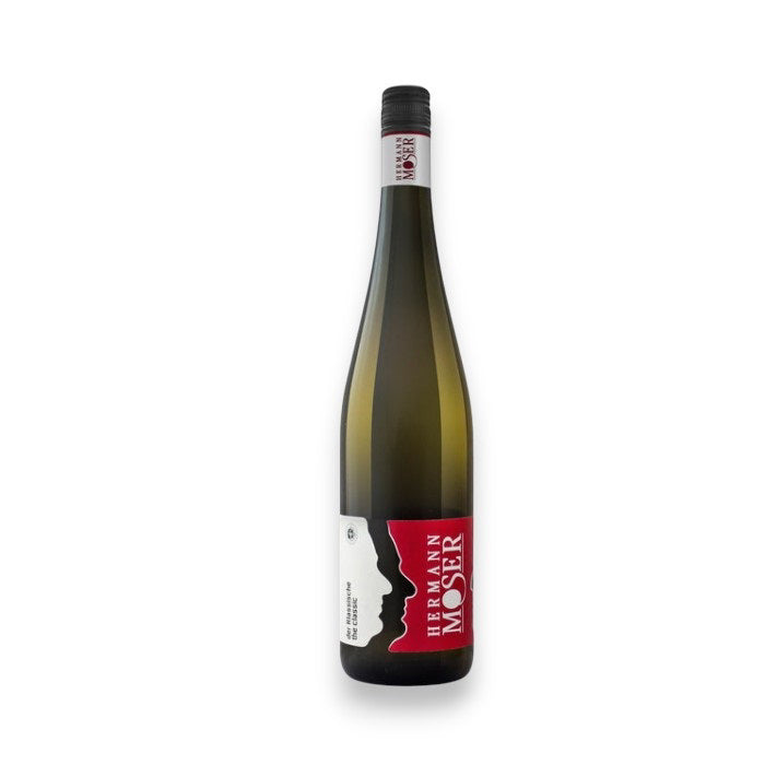 A tall green glass bottle of HERMANN MOSER GEBLING GRUNER VELTLINER 2023 by WINE: ORSINI from Kremstal, Austria, with a white and red label showing a face silhouette. It offers yellow apple and mineral hints. Finished with white and red foil.
