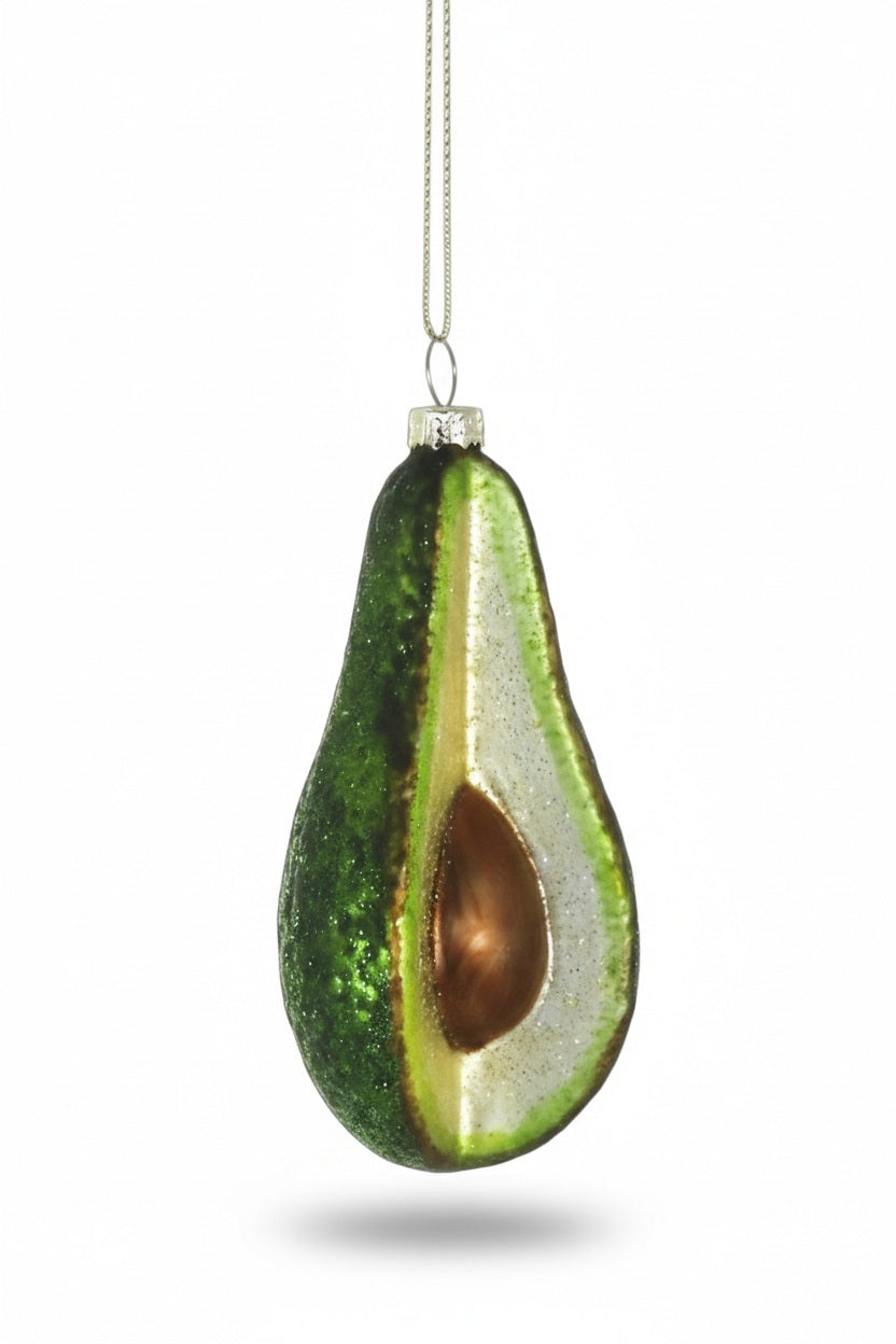 Cody Foster 2-inch glass AVOCADO ORNAMENT, an avocado half with a metallic pit.