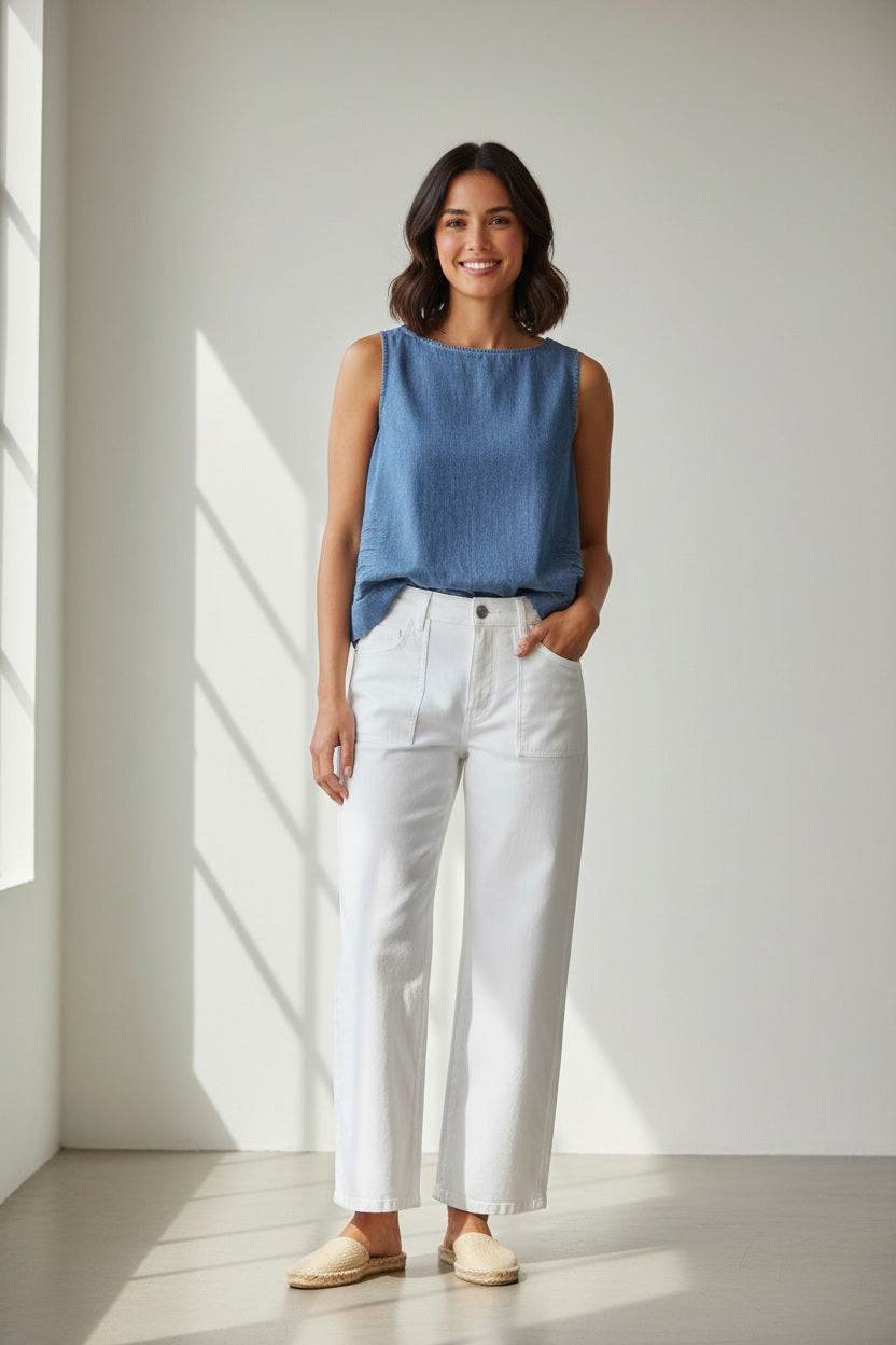 Wearing the FRANK &amp; EILEEN SHELLEY Shell Tank in Famous Denim Distressed Indigo Wash, a woman stands barefoot on a sandy beach beside a large tote bag filled with white flowers, paired with white wide-leg pants, a sunhat, and sunglasses.