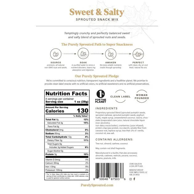 The image shows the front packaging of PURELY SPROUTED - SWEET AND SALTY SPROUTED SNACK MIX, a product by PURELY SPROUTED that features sprouted nuts and seeds such as maple-glazed almonds, cashews, pumpkin seeds, cranberries, raisins, and chocolate. This snack mix boasts key features including plant-based protein, gluten-free ingredients, and vegan certification.