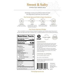 The image shows the front packaging of PURELY SPROUTED - SWEET AND SALTY SPROUTED SNACK MIX, a product by PURELY SPROUTED that features sprouted nuts and seeds such as maple-glazed almonds, cashews, pumpkin seeds, cranberries, raisins, and chocolate. This snack mix boasts key features including plant-based protein, gluten-free ingredients, and vegan certification.