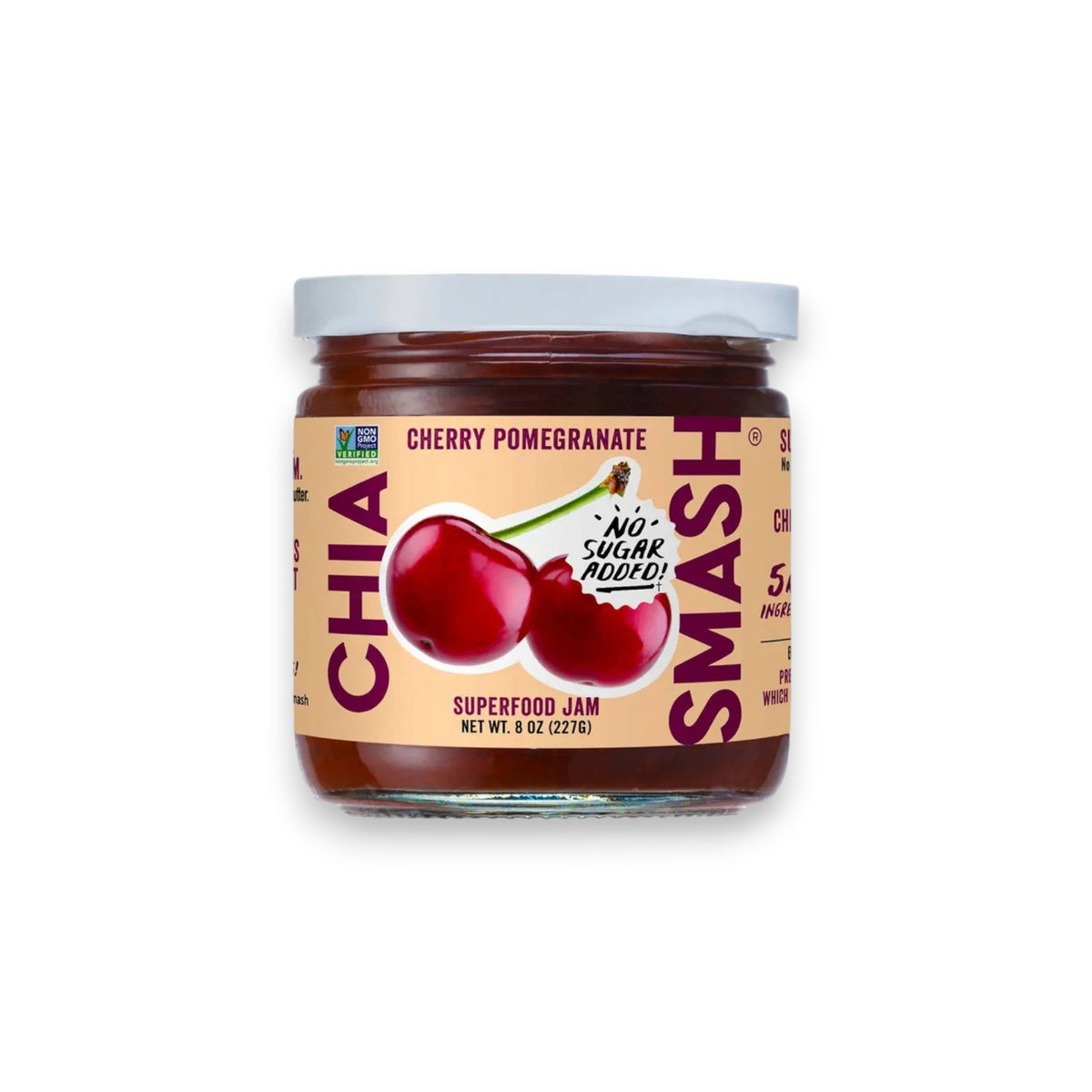A jar of CHIA SMASH - CHERRY POMEGRANATE CHIA JAM. The label prominently displays large images of cherries and the words "No Sugar Added!" Made from upcycled fruit, this non-GMO Project Verified jam contains 8 oz (227g) and promises a delicious, guilt-free spread.