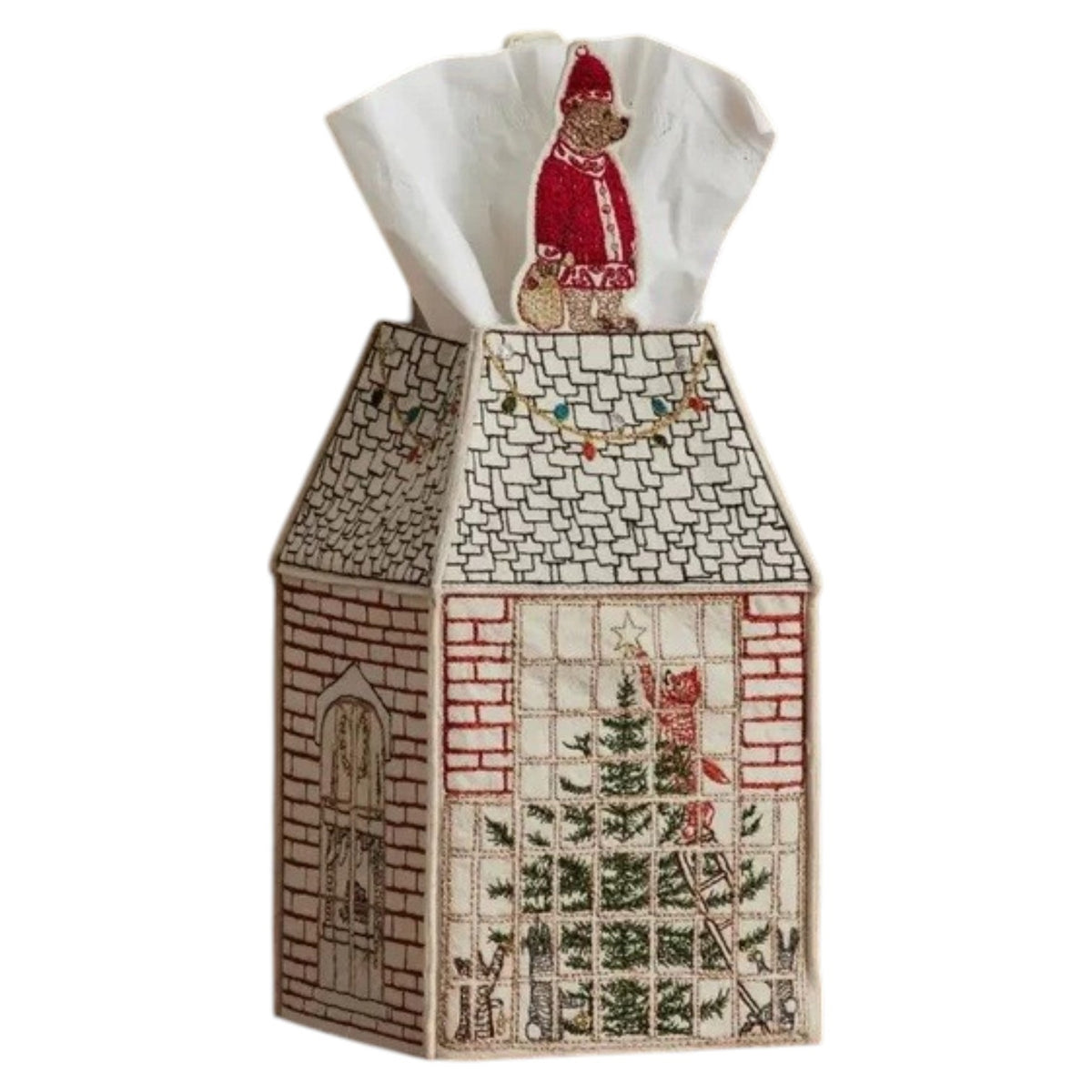 HOME FOR THE HOLIDAYS TISSUE BOX COVER shaped like a house, featuring an embroidered Christmas tree, string lights, and a teddy bear in a Santa hat for festive holiday home decor.