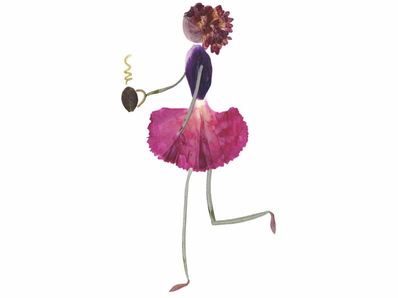 The PETAL PEOPLE PRESS - CUP O&#39; JOE CARD by PETAL PEOPLE PRESS features a floral figure gracefully dancing in a pink petal skirt and purple top, crowned with a carnation. The figure holds a small spiral object, with limbs made of leaf stems—ideal for notecard designs.