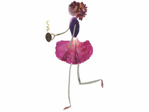 The PETAL PEOPLE PRESS - CUP O' JOE CARD by PETAL PEOPLE PRESS features a floral figure gracefully dancing in a pink petal skirt and purple top, crowned with a carnation. The figure holds a small spiral object, with limbs made of leaf stems—ideal for notecard designs.