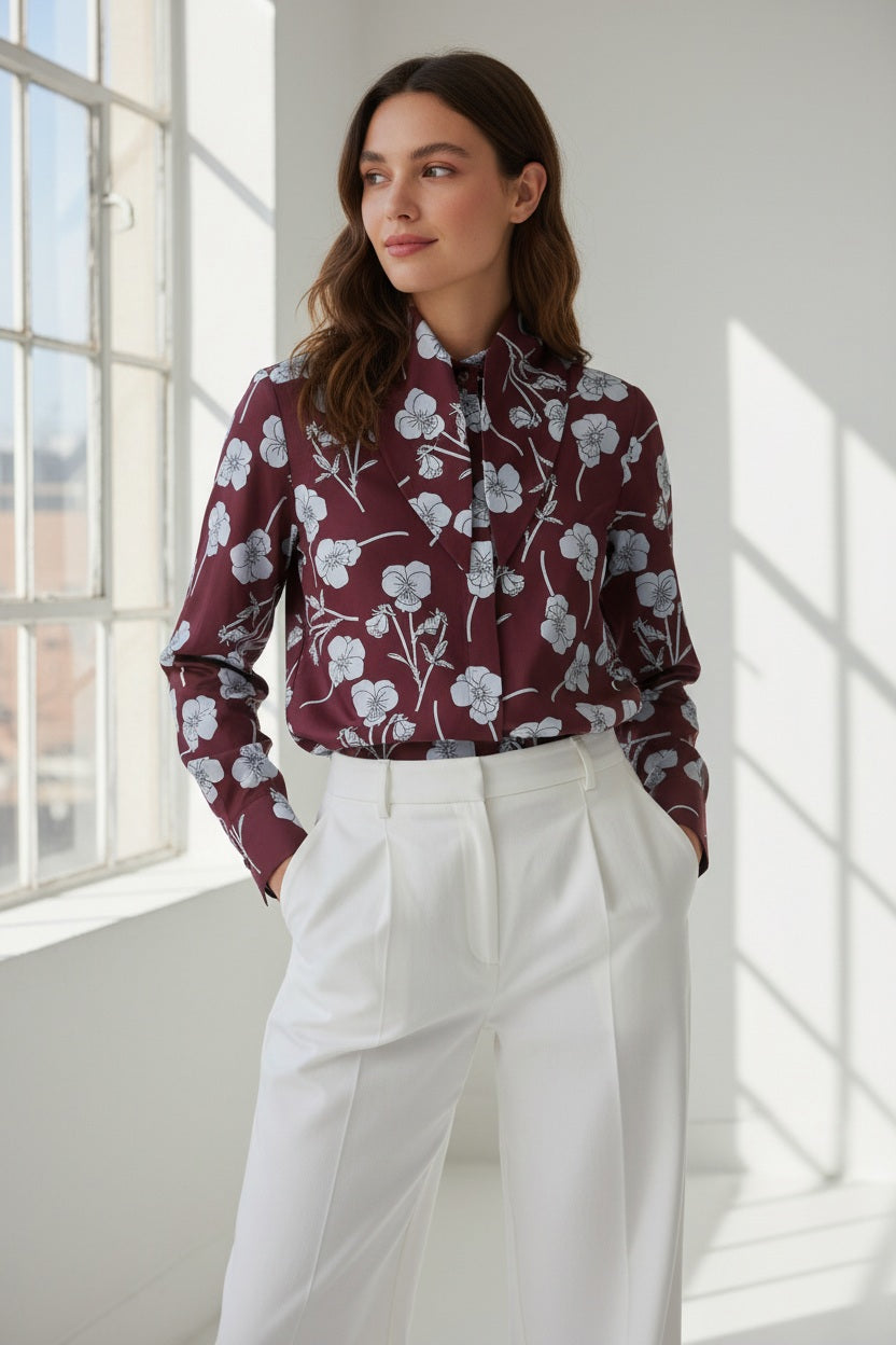 A woman stands by a window in a well-lit modern room, wearing the MIRTO 1956 Floral Print Blouse with Tie Neck in burgundy and high-waisted white pants, her hands casually tucked into her pockets.