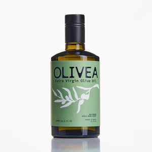 A bottle of OLIVEA - EVERYDAY HIGH PHENOLIC EXTRA VIRGIN OLIVE OIL, crafted from Greek olives and featuring a green label adorned with an olive branch illustration, is set against a plain white background. This USDA Certified Organic product from OLIVEA ensures purity and exceptional flavor in every drop.