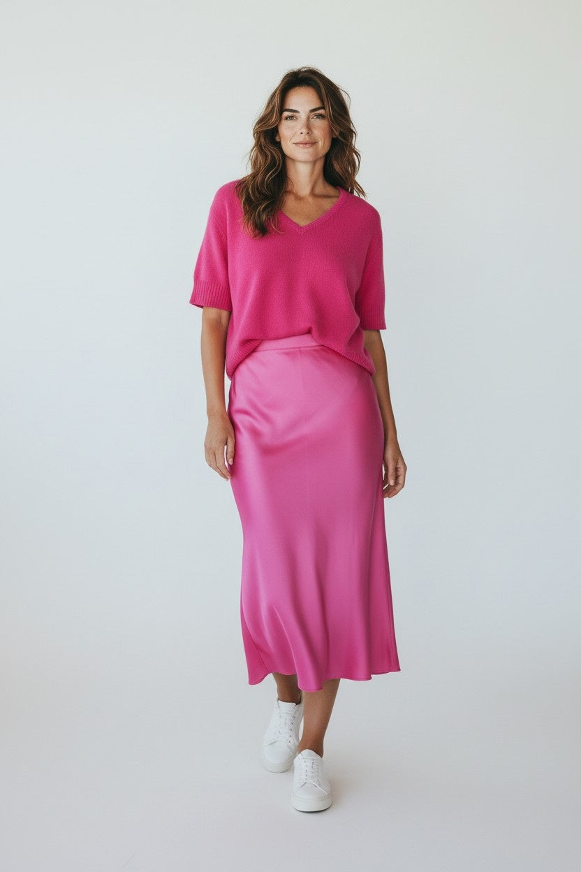 A woman smiles with her hands at her sides, wearing a bright pink short-sleeved sweater, white sneakers, and the ROSE & CROWN SATIN MIDI SKIRT with an elastic waistband against a plain white background.