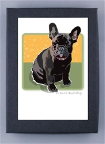 PAPER RUSSELLS - FRENCH BULLDOG BOX NOTES by PAPER RUSSELLS features a black French Bulldog with perked ears on a yellow and green background, printed on FSC certified recycled paper cards with a simple dark border.