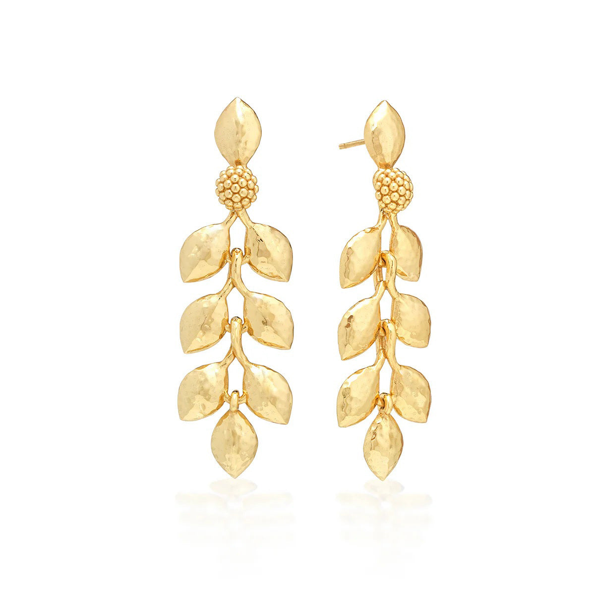 The CAPUCINE DE WULF Laurel Dangle Earrings feature textured leaf-shaped drops with a cluster of round beads on top, crafted from 18K gold over brass and shown against a white background.