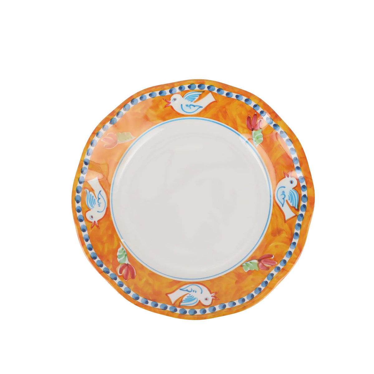 The VIETRI Melamine Campagna Salad Plate features handpainted birds, adding charm to your outdoor dining experience.
