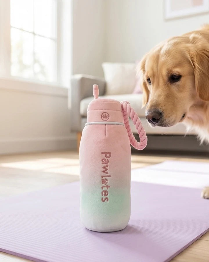 The HAUTE DIGGITY DOG PAWLATES PRINCESS WATER BOTTLE DOG TOY features a soft, pastel pink and green ombre plush design with "Pawlates" embroidered on the bottle and a pink rope handle on the side, making this squeaker dog toy both adorable and entertaining for your pup.