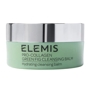 Three textured swatches—yellow, pearly white, and translucent—overlap on a pale background. Text reads: “3-in-1 transformative texture. Rich balm, nourishing oil, hydrating milk.” Experience the multi-tasking power of ELEMIS - PRO-COLLAGEN GREEN FIG CLEANSING BALM by ELEMIS - STEINER—a luxurious facial cleansing balm that also acts as an effective makeup remover.