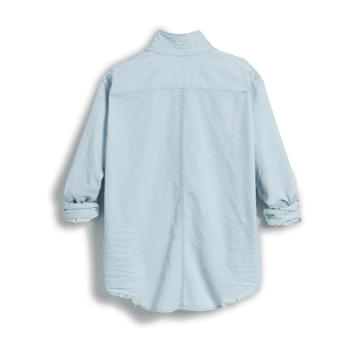 The FRANK &amp; EILEEN LUKE Men's Button Up Shirt in Famous Denim Classic Denim Tattered Wash is shown from the back, with long sleeves, buttoned cuffs, a curved hem, and an oversized relaxed fit for a casual look.