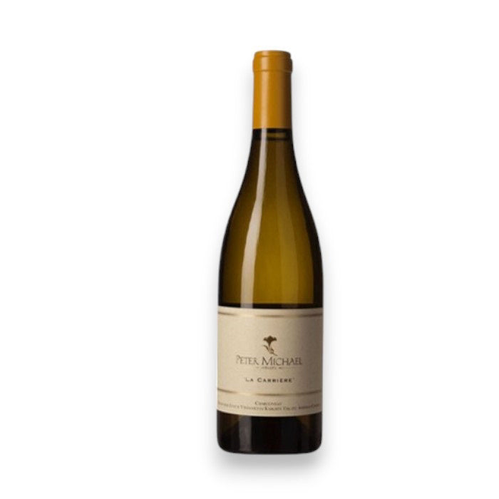 A bottle of PETER MICHAEL 'LA CARRIÈRE' Chardonnay 2016, with a beige label on white, featuring "Peter Michael La Carrière" and a bird silhouette. From Sonoma's Knights Valley, it includes a golden cap. Brand: WINEBOW.